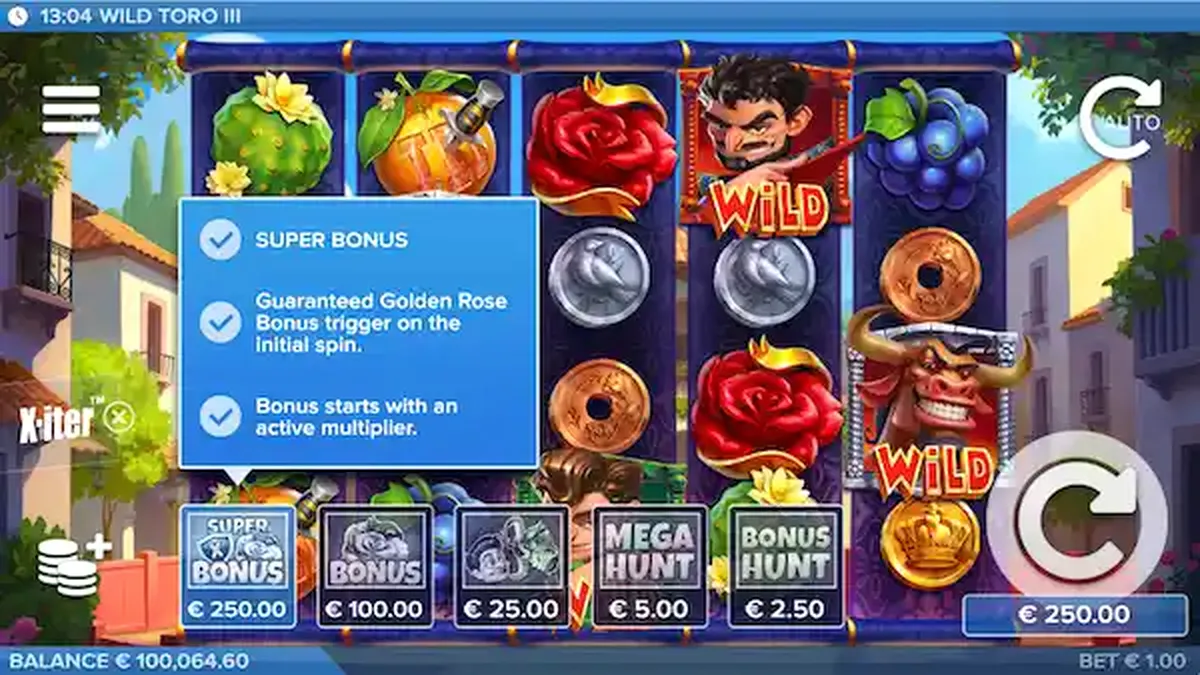 O lendário touro Toro em uma cena vibrante de arena espanhola no slot Wild Toro 3